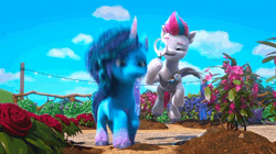 Size: 1280x716 | Tagged: safe, screencap, misty brightdawn, zipp storm, pegasus, pony, unicorn, g5, hoof done it?, my little pony: make your mark, my little pony: make your mark chapter 2, spoiler:g5, spoiler:my little pony: make your mark chapter 2, spoiler:mymc02e07, animated, breathing, caught, detective zipp, female, fence, flower, flying, garden, gif, jumping, loop, magnifying glass, mare, rose, surprised, suspicious