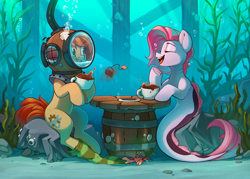 Size: 1964x1403 | Tagged: safe, artist:rexyseven, oc, oc only, oc:koraru koi, oc:rusty gears, crab, earth pony, fish, hybrid, merpony, pony, seapony (g4), barrel, bubble, clothes, cup, cute, danger, digital art, diving helmet, dorsal fin, duo, eyes closed, female, fish tail, helmet, heterochromia, looking at each other, looking at someone, mare, ocbetes, ocean, open mouth, open smile, pink mane, red mane, rock, seaweed, smiling, smiling at each other, socks, striped socks, tail, tea party, teacup, teeth, underwater, water