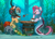 Size: 1964x1403 | Tagged: safe, artist:rexyseven, oc, oc only, oc:koraru koi, oc:rusty gears, crab, earth pony, fish, hybrid, merpony, pony, seapony (g4), barrel, bubble, clothes, cup, cute, digital art, diving helmet, dorsal fin, eyes closed, female, fish tail, helmet, heterochromia, looking at each other, looking at someone, mare, ocbetes, ocean, open mouth, open smile, pink mane, red mane, rock, seaweed, smiling, smiling at each other, socks, striped socks, tail, tea party, teacup, teeth, underwater, water