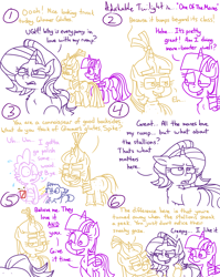 Size: 4779x6013 | Tagged: safe, artist:adorkabletwilightandfriends, moondancer, spike, starlight glimmer, twilight sparkle, oc, oc:pinenut, alicorn, cat, dragon, pony, unicorn, comic:adorkable twilight and friends, g4, adorkable, adorkable twilight, arm around neck, butt, clothes, coffee, comic, conversation, cup, cute, disgusted, dork, friendship, frustrated, glasses, glimmer glutes, humor, implied masturbation, innuendo, male, meme, mug, nervous, pep talk, plot, slice of life, sweater, tail, tailboner, twilight sparkle (alicorn), unexpected, vanity, walking