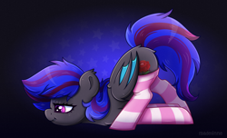 Size: 3374x2048 | Tagged: safe, artist:madelinne, oc, oc only, oc:ebony rose, bat pony, pony, bored, clothes, commission, face down ass up, high res, scootie belle, socks, solo, striped socks, ych result