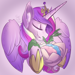 Size: 2000x2000 | Tagged: safe, artist:starcasteclipse, princess cadance, alicorn, pony, g4, bouquet, ear fluff, eyes closed, female, flower, high res, mare, open mouth, open smile, pink background, simple background, smiling, solo