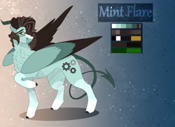 Size: 4096x2988 | Tagged: safe, artist:inisealga, oc, oc only, oc:mint flare, hybrid, pegasus, pony, succubus, chest fluff, coat markings, devil tail, facial markings, goat horns, horns, hybrid oc, male, markings, pegasus oc, reference sheet, socks (coat markings), solo, stallion, tail