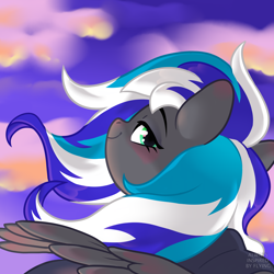 Size: 2500x2500 | Tagged: safe, artist:always inspired by flying, oc, oc only, oc:flaming dune, pegasus, pony, bust, clothes, cloud, female, green eyes, high res, looking at you, looking back, looking back at you, mare, multicolored mane, partially open wings, pegasus oc, portrait, scarf, sky background, smiling, smiling at you, solo, windswept mane, wings