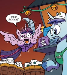 Size: 750x842 | Tagged: safe, artist:katie cook, idw, official comic, cuppa joe, rarity, twilight sparkle, alicorn, pony, unicorn, g4, spoiler:comic, spoiler:comicholiday2015, book, bookhorse, clothes, coffee mug, dialogue, duo, female, flying, male, mare, mug, scarf, stallion, that pony sure does love books, twilight sparkle (alicorn)