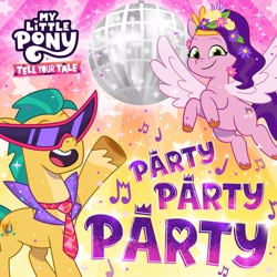 Size: 3000x3000 | Tagged: safe, hitch trailblazer, pipp petals, earth pony, pegasus, pony, g5, my little pony: tell your tale, official, pony partay, spoiler:g5, spoiler:my little pony: tell your tale, spoiler:tyts01e25, abstract background, album cover, crown, disco ball, duo, duo male and female, female, flower, flower in hair, flying, glasses, headband, high res, jewelry, looking at you, male, mare, music notes, my little pony logo, necktie, open mouth, open smile, party, party party party, regalia, single, single cover, smiling, smiling at you, spotify, spread wings, stallion, stars, sunglasses, text, wings