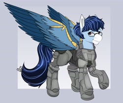 Size: 4096x3419 | Tagged: safe, artist:suchalmy, oc, oc only, oc:soaring spirit, pegasus, pony, abstract background, accessory, armor, coat markings, colored wings, commission, facial markings, glasses, gradient background, male, markings, multicolored hair, multicolored mane, multicolored tail, multicolored wings, pegasus oc, solo, stallion, star citizen, tail, three toned wings, wing armor, wing brace, wings