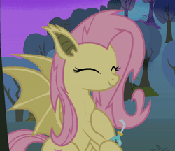 Size: 397x343 | Tagged: safe, artist:shelikof launch, fluttershy, bat pony, pony, g4, animated, apple juice, bat ponified, drink, drinking, eyes closed, female, flutterbat, forest, forest background, gif, juice, looking right, mare, night, night sky, pink mane, race swap, red eyes, show accurate, sitting, sky, solo, tree, yellow skin