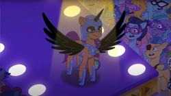 Size: 1680x942 | Tagged: safe, screencap, nightmare moon, sunny starscout, earth pony, pony, g5, my little pony: tell your tale, spoiler:g5, spoiler:my little pony: tell your tale, spoiler:tyts01e30, clothes, costume, fake alicorn, fake horn, fake wings, halloween, halloween costume, holiday, nightmare night costume, nightmare night party