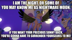 Size: 800x449 | Tagged: safe, nightmare moon, sunny starscout, g5, meme, nightmare night party, nightmare sunny, possessed
