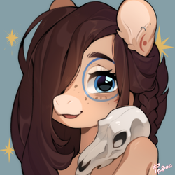 Size: 1498x1498 | Tagged: safe, artist:fedos, oc, oc:ondrea, pegasus, pony, bust, cute, hair over one eye, long hair, looking at you, portrait, skull, smiling, solo