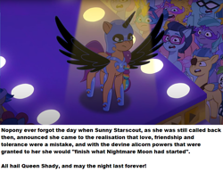 Size: 840x649 | Tagged: safe, screencap, nightmare moon, sunny starscout, earth pony, pony, g5, my little pony: tell your tale, spoiler:g5, spoiler:my little pony: tell your tale, spoiler:tyts01e30, bad end, clothes, corrupted, corrupted sunny starscout, costume, fake alicorn, fake horn, fake wings, halloween, halloween costume, holiday, nightmare night costume, nightmare night party, ponestrip, text