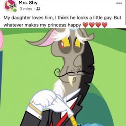 Size: 756x756 | Tagged: safe, edit, edited screencap, screencap, discord, posey shy, draconequus, pony, g4, keep calm and flutter on, clothes, cropped, cute, discute, facebook, female, heart, implied fluttershy, implied gay, male, mare, offscreen character, suit, wholesome