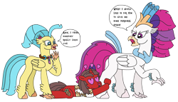 Size: 3254x1855 | Tagged: safe, artist:supahdonarudo, princess skystar, queen novo, oc, oc:ironyoshi, classical hippogriff, hippogriff, pony, unicorn, g4, my little pony: the movie, annoyed, clothes, dialogue, facial hair, female, floating heart, heart, heart eyes, holding, jewelry, male, necklace, shirt, simple background, speech bubble, stallion, text, transparent background, wingding eyes
