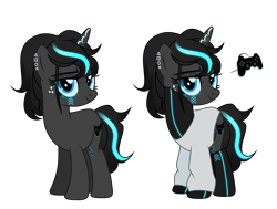 Size: 7279x5497 | Tagged: safe, artist:idkhesoff, oc, oc only, oc:ponystation, pony, unicorn, bedroom eyes, clothes, console ponies, ear piercing, earring, eyebrow piercing, female, freckles, jewelry, mare, markings, nose piercing, nose ring, piercing, playstation 4, ponified, simple background, socks, solo, stockings, sweater, tattoo, thigh highs, transparent background