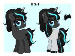 Size: 7279x5497 | Tagged: safe, alternate version, artist:idkhesoff, derpibooru exclusive, oc, oc only, oc:ponystation, pony, unicorn, bedroom eyes, clothes, console ponies, ear piercing, earring, eyebrow piercing, female, freckles, jewelry, mare, markings, nose piercing, nose ring, piercing, playstation 4, ponified, socks, solo, stockings, sweater, tattoo, thigh highs