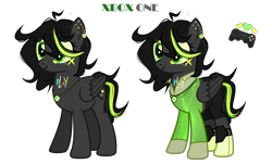 Size: 5760x3489 | Tagged: safe, artist:idkhesoff, oc, oc only, oc:xpone, pegasus, pony, boots, clothes, console ponies, ear piercing, earring, eyebrow piercing, female, freckles, jacket, jewelry, knee pads, mare, markings, necklace, nose piercing, nose ring, piercing, ponified, shoes, shorts, simple background, solo, tattoo, transparent background, xbox, xbox one