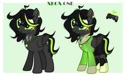 Size: 5760x3489 | Tagged: safe, alternate version, artist:idkhesoff, derpibooru exclusive, oc, oc only, oc:xpone, pegasus, pony, boots, clothes, console ponies, ear piercing, earring, eyebrow piercing, female, freckles, jacket, jewelry, knee pads, mare, markings, necklace, nose piercing, nose ring, piercing, ponified, shoes, shorts, solo, tattoo, xbox, xbox one