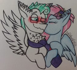 Size: 1200x1090 | Tagged: safe, artist:raritylover152, feather flatterfly, kerfuffle, pegasus, pony, g4, blushing, cheek kiss, cute, duo, female, flatterfuffle, glasses, kissing, male, mare, neck fluff, necktie, one eye closed, shipping, spread wings, stallion, straight, traditional art, wings