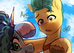 Size: 2806x2004 | Tagged: safe, artist:maren, hitch trailblazer, misty brightdawn, earth pony, pony, unicorn, g5, duo, duo male and female, female, grin, high res, interaction, male, mare, nervous, nervous smile, ship:mistytrail, shipping, smiling, stallion, straight