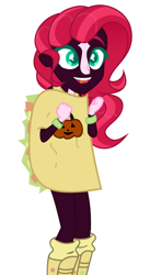 Size: 2013x3672 | Tagged: safe, artist:drawingsprint, artist:vi45, oc, oc:painted lilly, human, equestria girls, g4, base used, boots, clothes, commission, costume, equestria girls-ified, food, halloween, halloween costume, high res, markings, nonbinary, open mouth, outfit, pumpkin, shoes, simple background, socks, solo, taco, white background, wristband, ych result