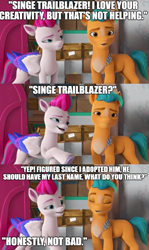 Size: 592x995 | Tagged: safe, edit, edited screencap, screencap, hitch trailblazer, zipp storm, earth pony, pegasus, pony, g5, izzy does it, my little pony: make your mark, my little pony: make your mark chapter 2, spoiler:g5, alternate universe, comic, different name, female, implied sparky sparkeroni, mare, text