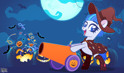 Size: 2828x1668 | Tagged: safe, artist:angelina-pax, artist:dianamur, oc, oc only, oc:saph quills, bat, earth pony, pony, base used, bipedal, cannon, cape, clothes, commission, costume, cute, female, halloween, halloween costume, hat, holiday, jack-o-lantern, mare, moon, open mouth, party cannon, pumpkin, socks, solo, stockings, thigh highs, witch, witch hat, ych result