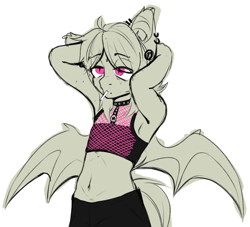 Size: 2200x2000 | Tagged: safe, artist:etoz, oc, oc only, oc:gravel shine, bat pony, anthro, anthro oc, armpits, bat pony oc, bat wings, belly button, cigarette, clothes, collar, ear piercing, emo, eyebrows, eyebrows visible through hair, high res, male, piercing, simple background, sketch, stallion, top, white background, wings