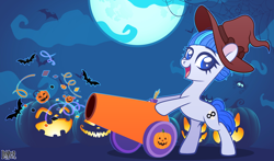 Size: 2828x1668 | Tagged: safe, alternate version, artist:angelina-pax, artist:dianamur, oc, oc only, oc:saph quills, bat, earth pony, pony, base used, bipedal, cannon, clothes, commission, costume, cute, female, halloween, halloween costume, hat, holiday, jack-o-lantern, mare, moon, open mouth, party cannon, pumpkin, solo, witch, witch hat, ych result