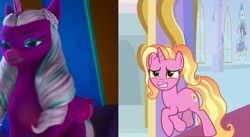 Size: 1132x621 | Tagged: safe, edit, edited screencap, screencap, luster dawn, opaline arcana, alicorn, pony, unicorn, g4, g5, izzy does it, my little pony: make your mark, my little pony: make your mark chapter 2, the last problem, spoiler:g5, cropped, female, mare, theory