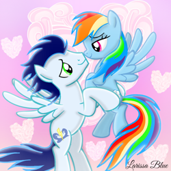Size: 900x900 | Tagged: safe, artist:mlplary6, rainbow dash, soarin', pegasus, pony, g4, bedroom eyes, boyfriend and girlfriend, carrying, cloud, female, flying, heart, looking at each other, looking at someone, love, male, mare, romance, romantic, ship:soarindash, shipping, smiling, smiling at each other, stallion, straight, windswept mane