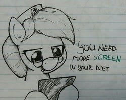 Size: 1280x1017 | Tagged: safe, artist:whiskeypanda, nurse redheart, earth pony, pony, g4, bust, dialogue, drawthread, glasses, greentext, lined paper, requested art, solo, speech bubble, text, traditional art