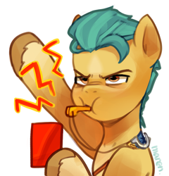 Size: 1821x1894 | Tagged: safe, artist:maren, hitch trailblazer, earth pony, pony, g5, blaze (coat marking), blowing whistle, coat markings, emanata, facial markings, football, hitch trailblazer is not amused, male, penalty, red card, referee, simple background, socks (coat markings), solo, sports, stallion, unamused, whistle, whistle necklace, white background
