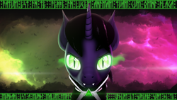 Size: 3840x2160 | Tagged: safe, artist:lagmanor, oc, oc only, oc:lagmanor amell, bat, pony, undead, unicorn, vampire, vampony, 3d, amulet, bat ears, bat eyes, cape, clothes, fangs, glowing, glowing eyes, high res, jewelry, latin, lens flare, looking at you, outfit, runes, solo, source filmmaker