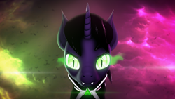 Size: 3840x2160 | Tagged: safe, alternate version, artist:lagmanor, oc, oc only, oc:lagmanor amell, bat, pony, undead, unicorn, vampire, vampony, 3d, amulet, bat ears, bat eyes, cape, clothes, fangs, glowing, glowing eyes, high res, jewelry, lens flare, looking at you, outfit, solo, source filmmaker, textless version, vignette