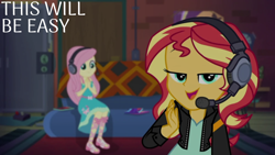 Size: 1920x1080 | Tagged: safe, edit, edited screencap, editor:quoterific, screencap, fluttershy, sunset shimmer, human, equestria girls, g4, game stream, my little pony equestria girls: better together, gamer sunset