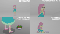 Size: 4400x2475 | Tagged: safe, edit, edited screencap, editor:quoterific, screencap, fluttershy, human, equestria girls, equestria girls specials, g4, my little pony equestria girls: better together, my little pony equestria girls: rollercoaster of friendship, food, salad, solo, stress salad