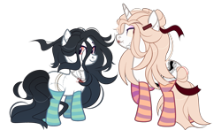 Size: 3399x2000 | Tagged: safe, artist:howie, oc, oc:anna (spirit), oc:keiko (ghost), earth pony, ghost, pony, undead, unicorn, blood, chains, clothes, commission, duo, ear piercing, earring, eyebrow piercing, female, high res, jewelry, lipstick, makeup, mare, nose piercing, nose ring, piercing, raised hoof, scar, simple background, socks, spirit, striped socks, tattoo, transparent background, ych result
