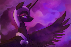 Size: 1500x1000 | Tagged: safe, alternate version, artist:maren, nightmare moon, alicorn, pony, :p, bust, ethereal mane, eye mist, female, mare, old art, one wing out, solo, tongue out, wings