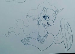 Size: 993x720 | Tagged: safe, artist:maren, nightmare moon, alicorn, pony, bust, dialogue, doodle, female, laughing, mare, oh you, old art, solo, traditional art, wings