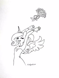Size: 2121x2787 | Tagged: safe, artist:katputze, princess cadance, alicorn, anthro, arms in the air, black and white, bouquet, bouquet of flowers, bouquet toss, breasts, cleavage, clothes, dress, eyes closed, female, flower, grayscale, inktober, mare, monochrome, open mouth, open smile, simple background, smiling, solo, wedding dress, white background