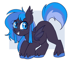 Size: 644x571 | Tagged: safe, artist:lulubell, oc, oc only, oc:cricket, bat pony, pony, beanbrows, blue eyes, colored hooves, crouching, ear tufts, eyebrows, fangs, female, filly, foal, folded wings, freckles, gray background, passepartout, simple background, slit pupils, solo, unshorn fetlocks, white background, wings