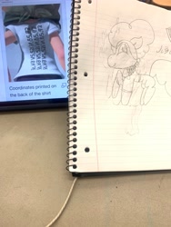 Size: 3024x4032 | Tagged: safe, artist:enperry88, li'l cheese, pony, g4, the last problem, banana, brand, clothes, coordinates, female, filly, foal, food, ipad, lined paper, logo, numbers, shirt, sketch, sketchbook, splatoon 3, t-shirt, traditional art