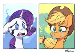 Size: 2480x1748 | Tagged: safe, artist:fanzeem, applejack, rarity, pegasus, pony, unicorn, g4, amogus eyes, among us, bust, crying, duo, female, floppy ears, frown, makeup, mare, meme, open mouth, running makeup, signature