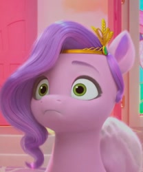 Size: 534x642 | Tagged: safe, screencap, pipp petals, pegasus, pony, g5, izzy does it, my little pony: make your mark, my little pony: make your mark chapter 2, spoiler:my little pony: make your mark chapter 2, spoiler:mymc02e01, :<, cropped, female, frown, headband, jewelry, mare, pipp petals is best facemaker, reaction image, regalia, solo, surprised