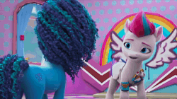 Size: 1280x716 | Tagged: safe, screencap, misty brightdawn, pipp petals, zipp storm, pegasus, pony, unicorn, g5, hoof done it?, my little pony: make your mark, my little pony: make your mark chapter 2, spoiler:g5, spoiler:my little pony: make your mark chapter 2, spoiler:mymc02e07, animated, carpet, fake smile, female, leaving, lies, lying, mare, nervous, rambling, running away, salon, smiling, sound, truth, webm, window