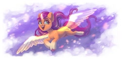 Size: 1199x585 | Tagged: safe, artist:amishy, sunny starscout, alicorn, earth pony, pony, g5, artificial horn, artificial wings, augmented, female, flying, happy, horn, magic, magic horn, magic wings, mare, open mouth, open smile, race swap, smiling, solo, spread wings, sunnycorn, wings