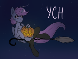 Size: 2038x1548 | Tagged: safe, artist:tanatos, oc, alicorn, pony, broom, clothes, commission, flying, flying broomstick, halloween, holiday, jack-o-lantern, pumpkin, sketch, solo, stockings, thigh highs, your character here