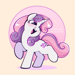 Size: 2058x2061 | Tagged: safe, artist:syrupyyy, sweetie belle, pony, unicorn, alternate cutie mark, blushing, cute, diasweetes, female, filly, foal, open mouth, ponytober, raised hoof, raised leg, solo
