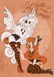 Size: 1423x2048 | Tagged: safe, artist:mscolorsplash, oc, oc only, oc:pumpkin spice, earth pony, anthro, clothes, costume, duo, female, halloween, halloween costume, high heels, holiday, kneeling, mare, pinup, pumpkin bucket, shoes, socks, striped socks, thigh highs